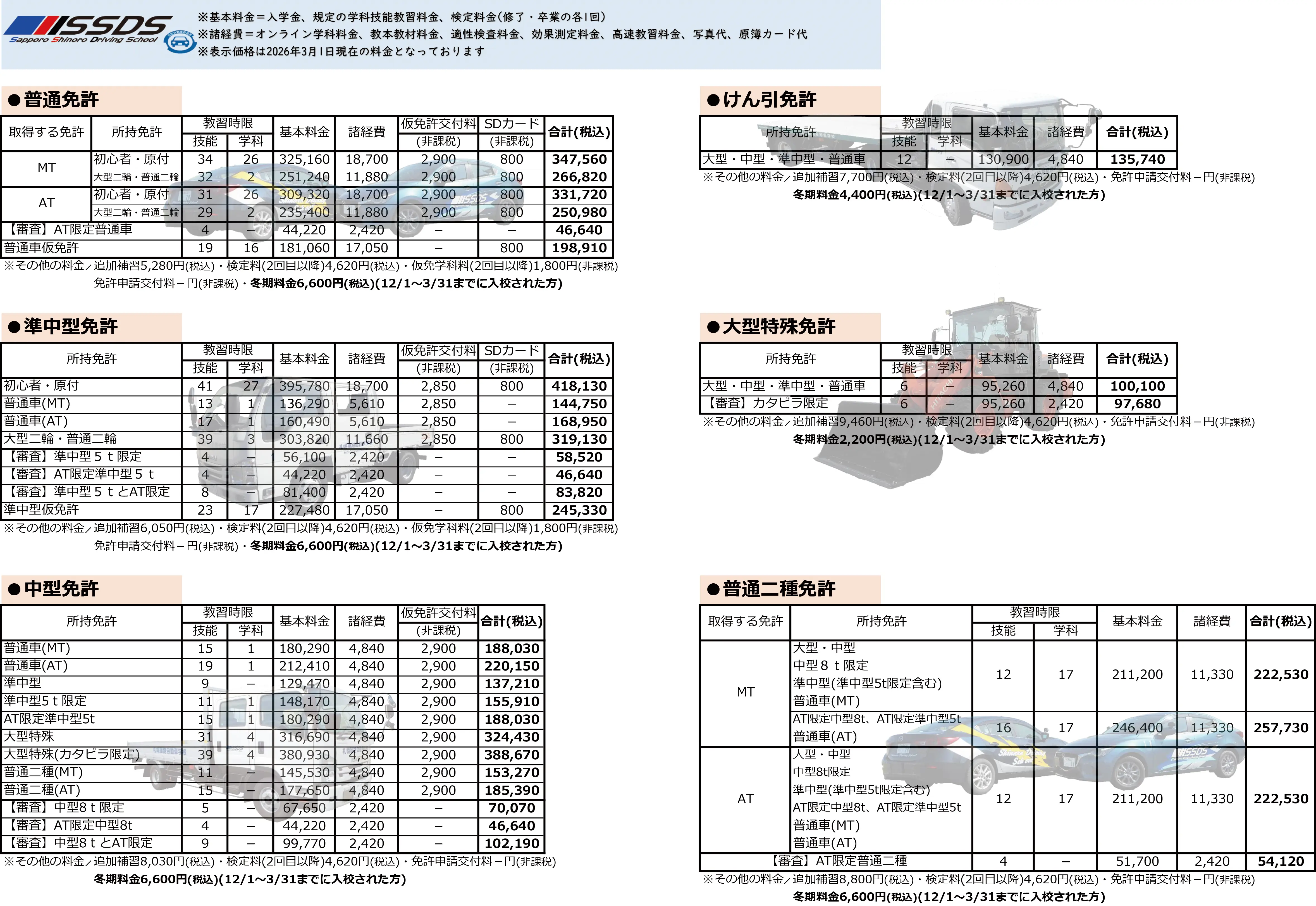 札幌篠路自動車学校 - 料金表(普通車・準中型・中型・けん引・大特